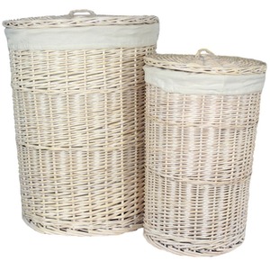 Whitewash Round Laundry Basket with Off White Lining
