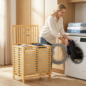 HOMCOM Bamboo Laundry Basket with Lid 2 Baskets - Natural Bamboo and Cream White