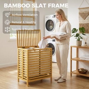 HOMCOM Bamboo Laundry Basket with Lid 2 Baskets - Natural Bamboo and Cream White - Image 3