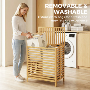 HOMCOM Bamboo Laundry Basket with Lid 2 Baskets - Natural Bamboo and Cream White - Image 4