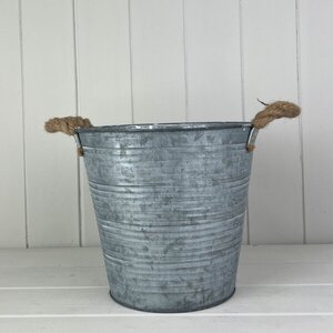 Grey Ribbed Metal Finish Zinc bucket with Hessian Ears - Grey