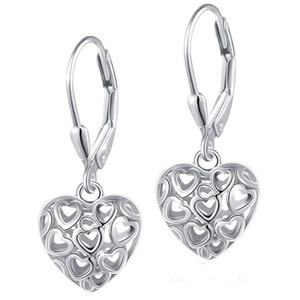 Drop Earrings with Heart Pendant - Silver - Image 2
